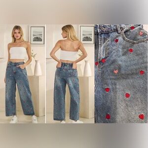 Oli & Hali Blue Wide Leg Jeans with Red Heart Embroidery